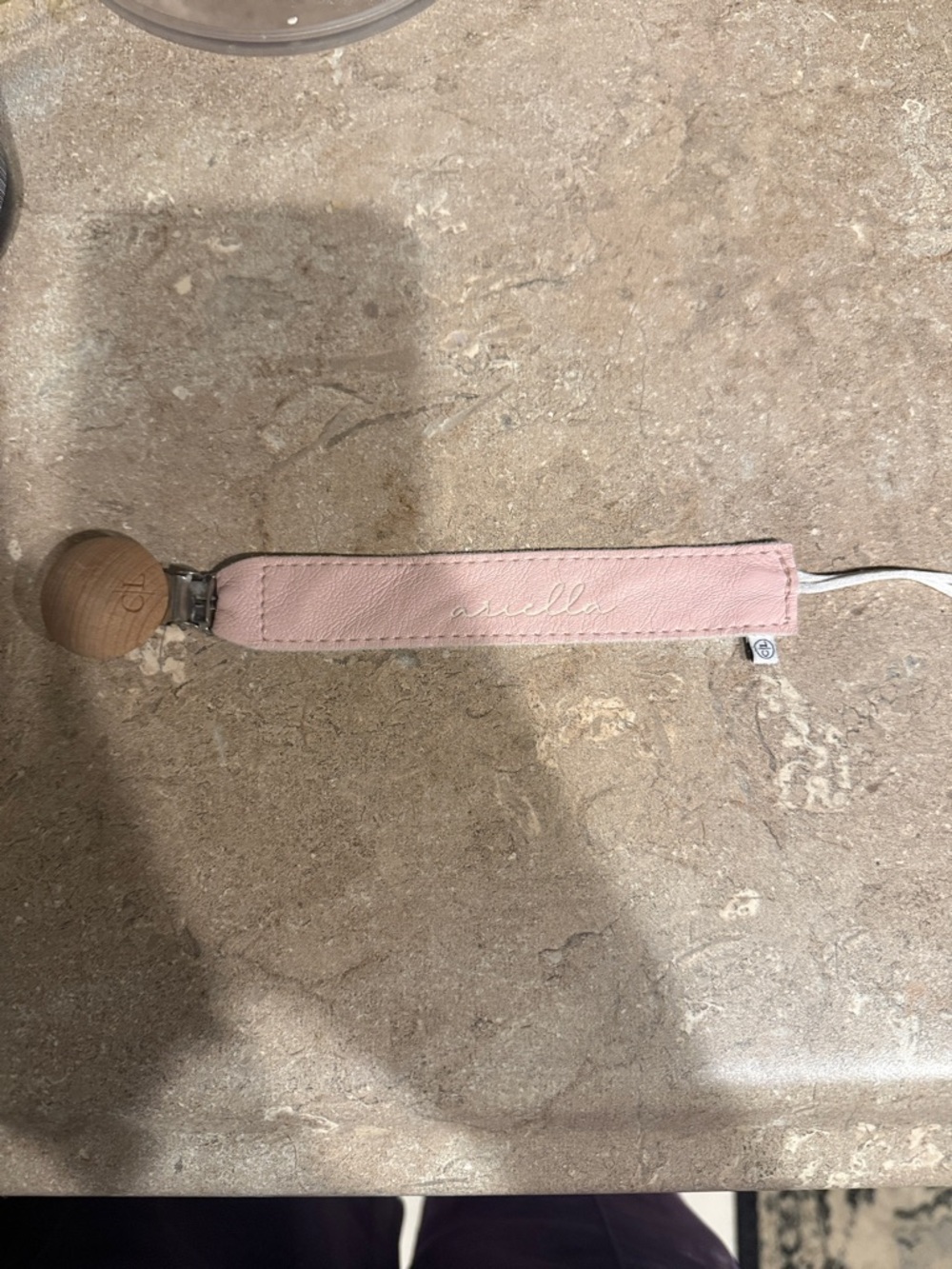 Caden Lane personalized Pink Leather Pacifier Clip with Wood Accent "Ariela"